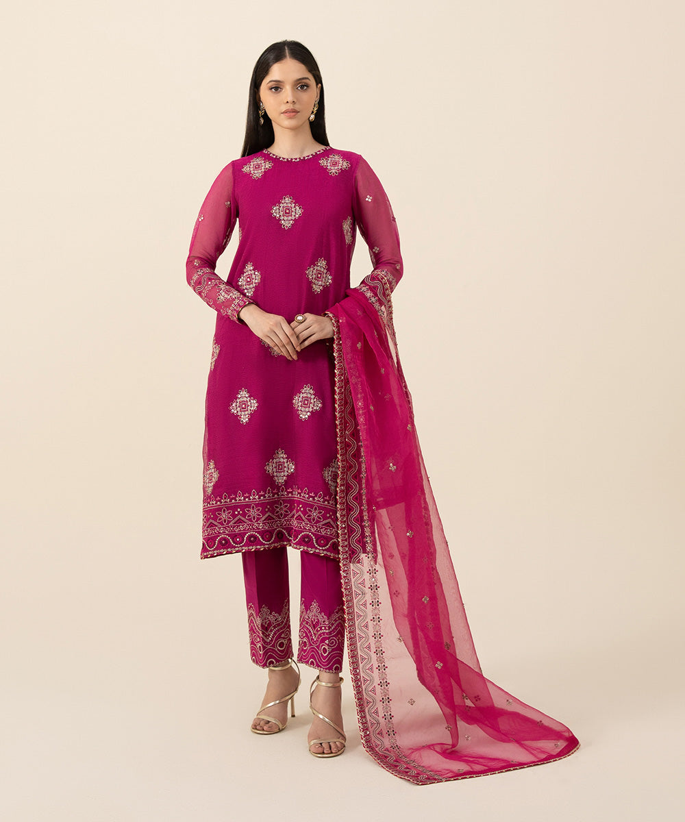 Women's Intermix Unstitched Blended Viscose Khaddi Net Pink 3 Piece Suit