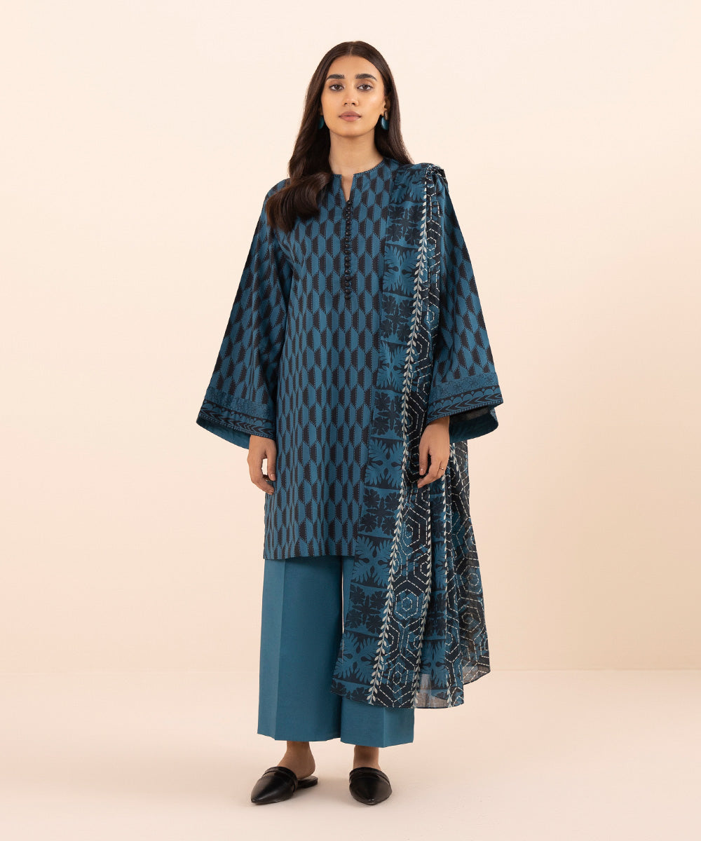 Women's Unstitched Lawn Blue 3 Piece Suit