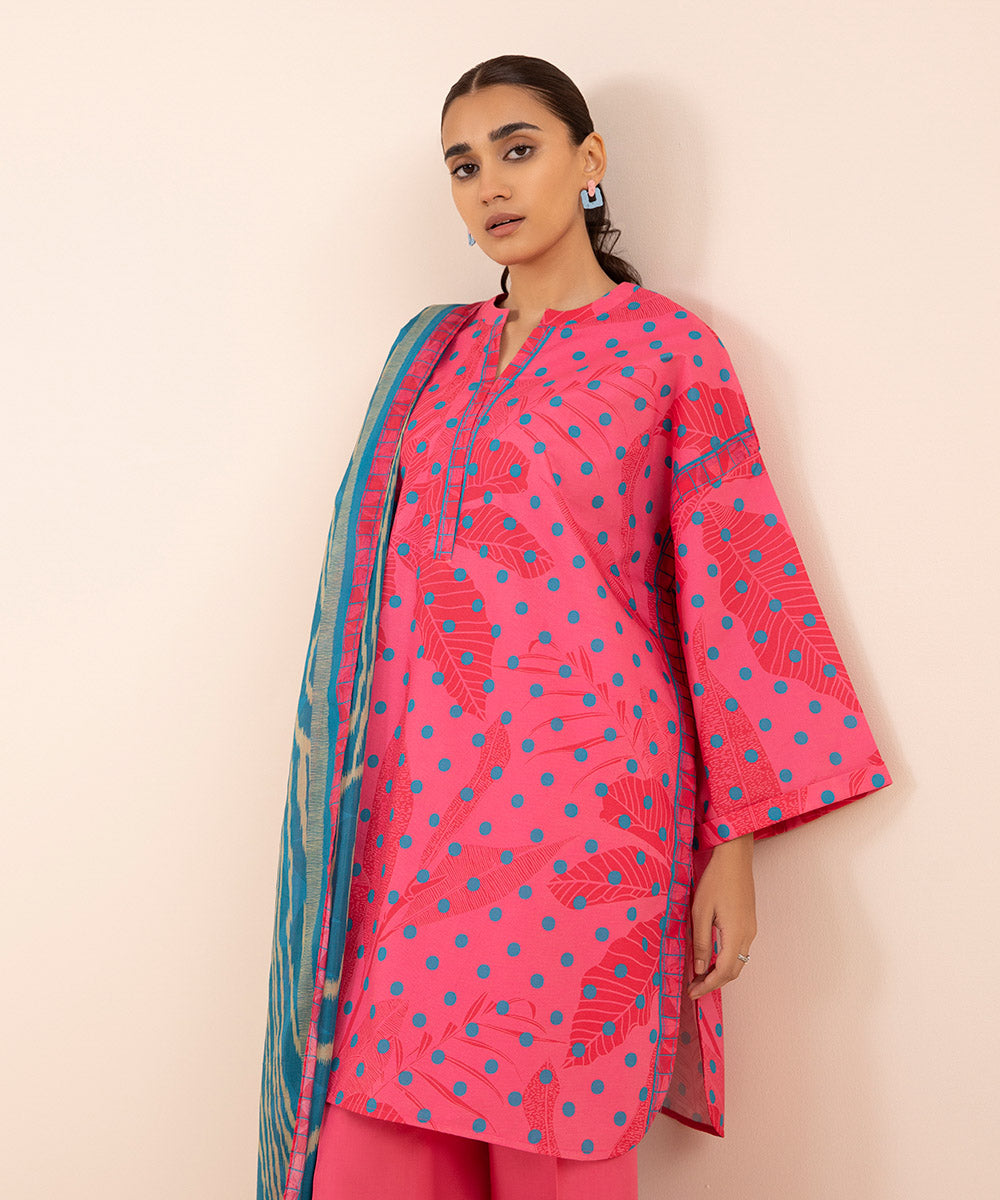 Women's Unstitched Lawn Pink 3 Piece Suit