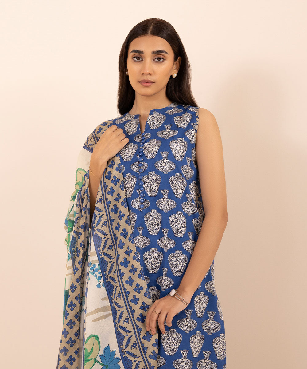 Women's Unstitched Lawn Blue 3 Piece Suit