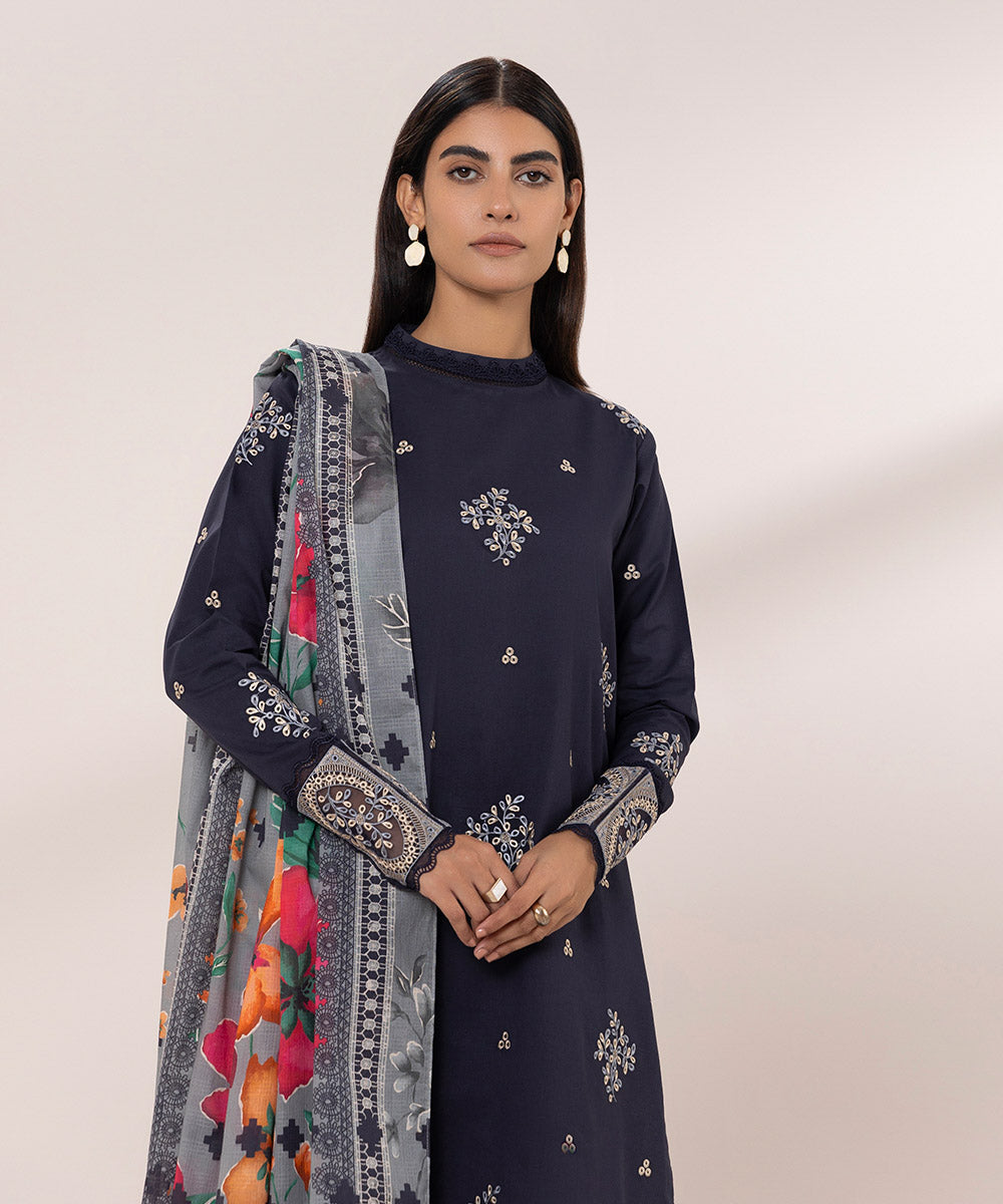 Women's Unstitched Lawn Embroidered Black 3 Piece Suit