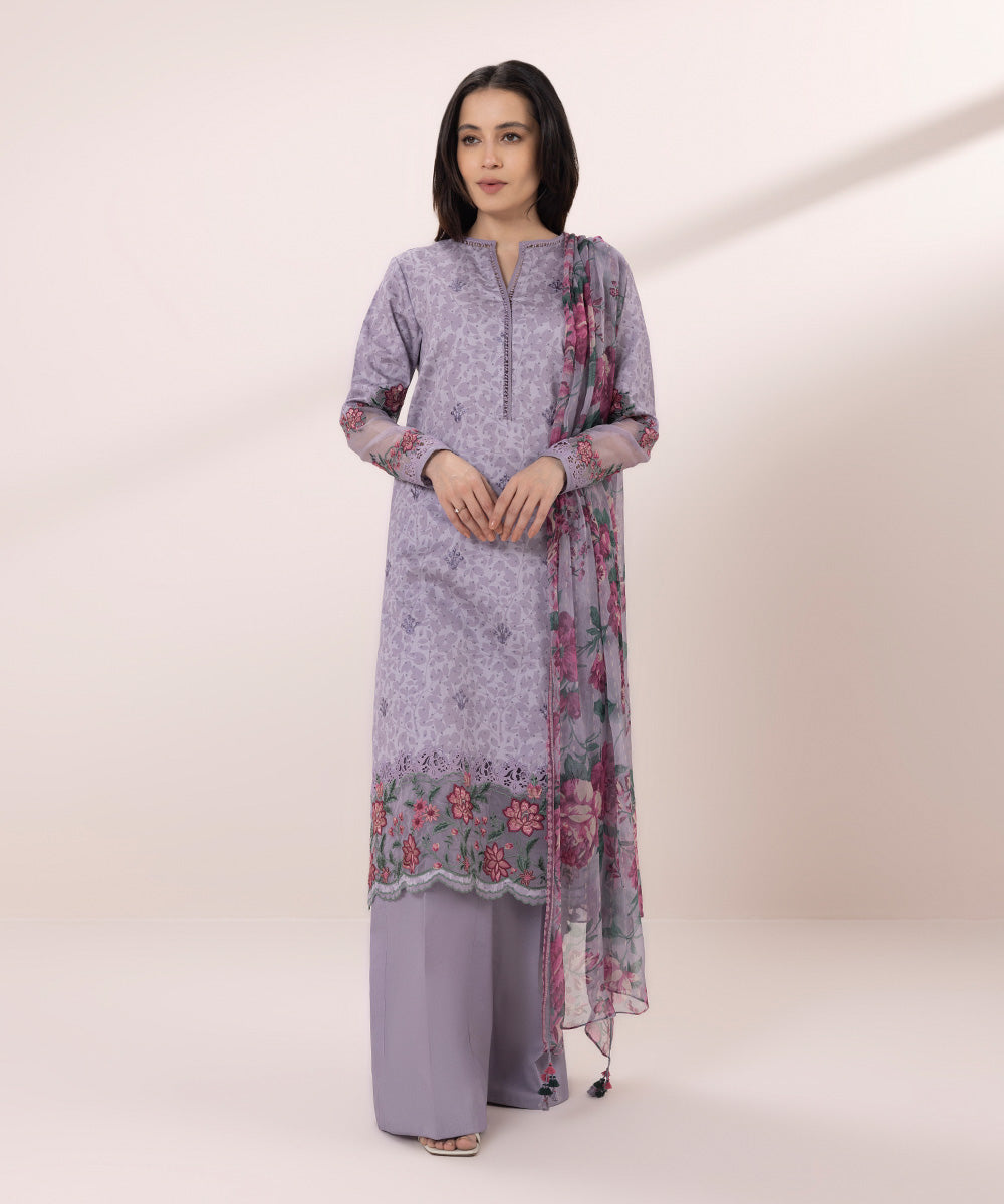 Women's Unstitched Fine Cotton Satin Embroidered Purple 3 Piece Suit