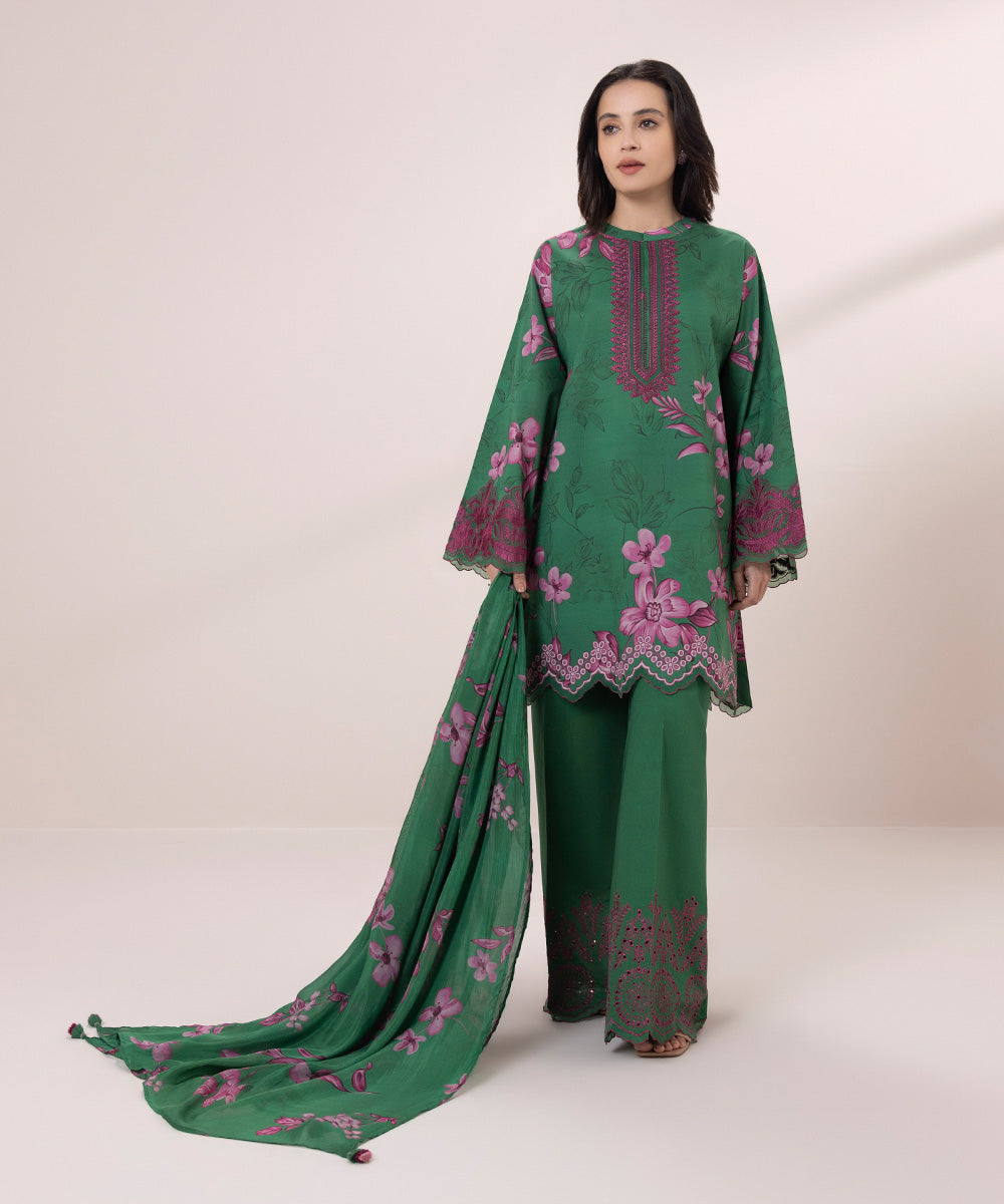 Women's Unstitched Lawn Embroidered Green 3 Piece Suit