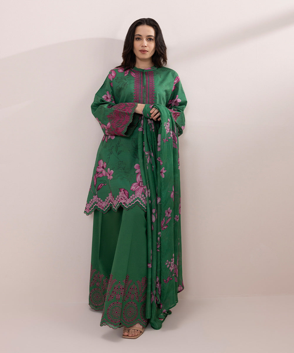 Women's Unstitched Lawn Embroidered Green 3 Piece Suit