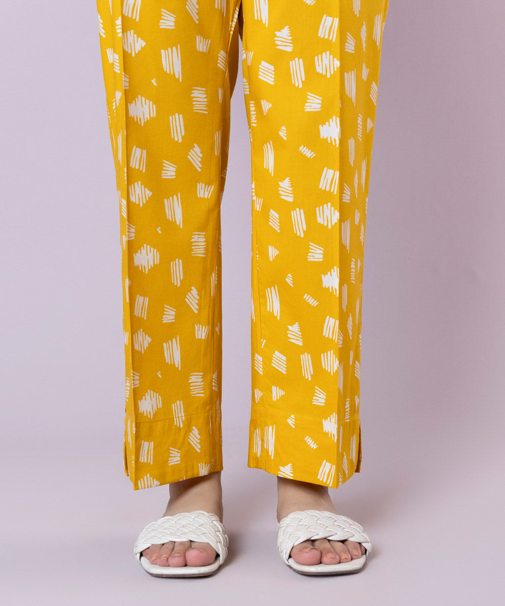 Women's Pret Cotton Viscose Printed Yellow Straight Pants