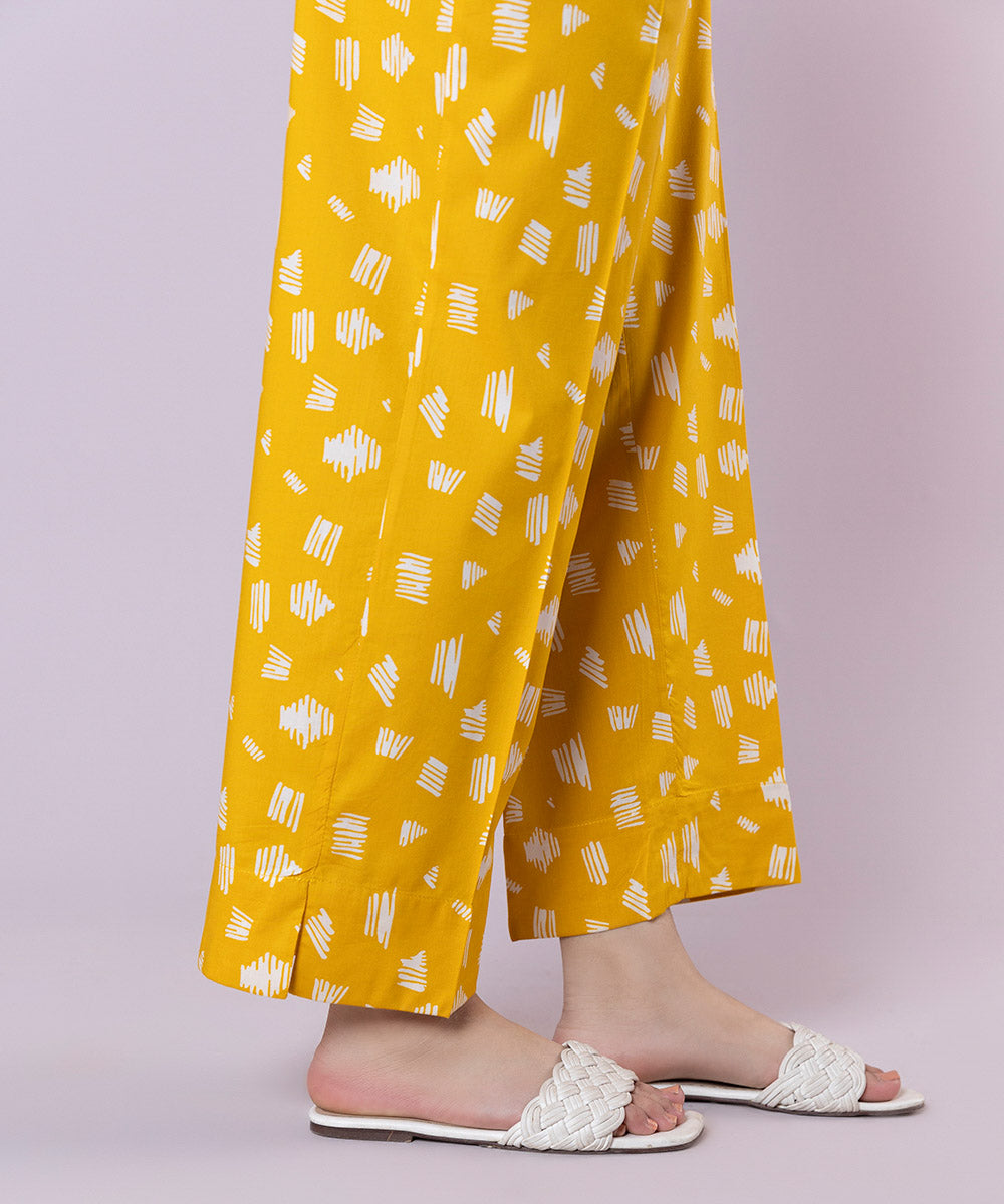 Women's Pret Cotton Viscose Printed Yellow Straight Pants