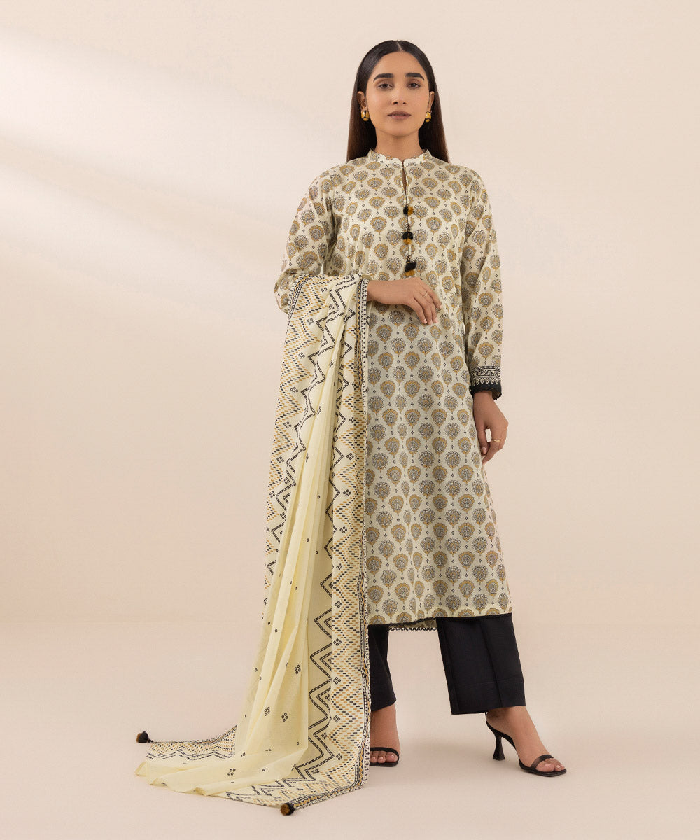 Women's Fine Voile Printed Off White Dupatta