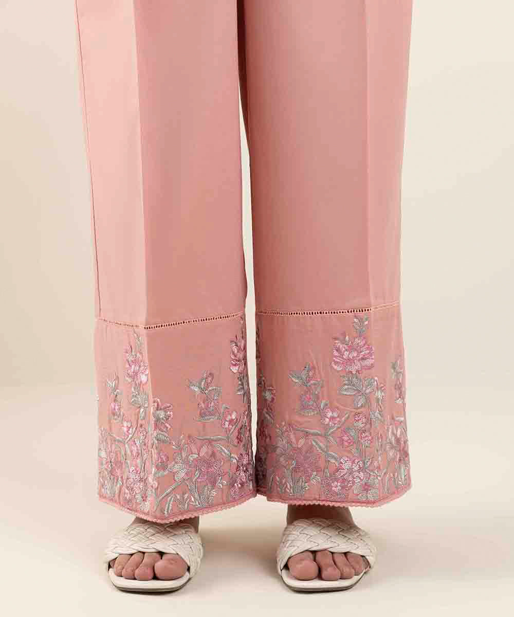 Women's Pret Dobby Pink Solid Embroidered Straight Pants