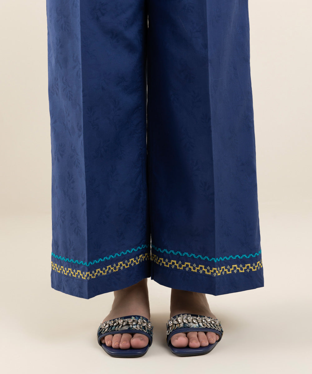 Women's Pret Cotton Jacquard Blue Solid Embroidered Culottes