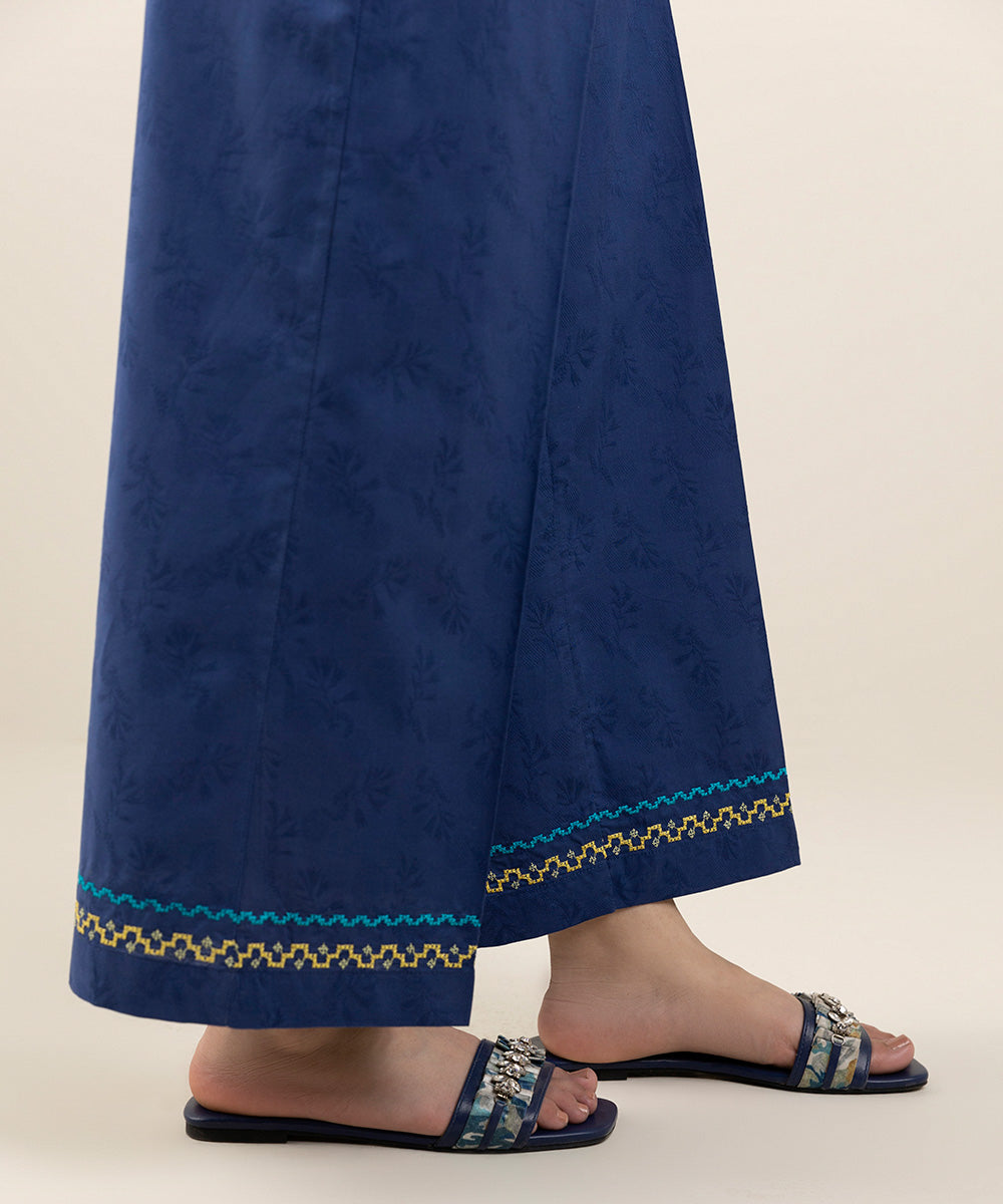 Women's Pret Cotton Jacquard Blue Solid Embroidered Culottes