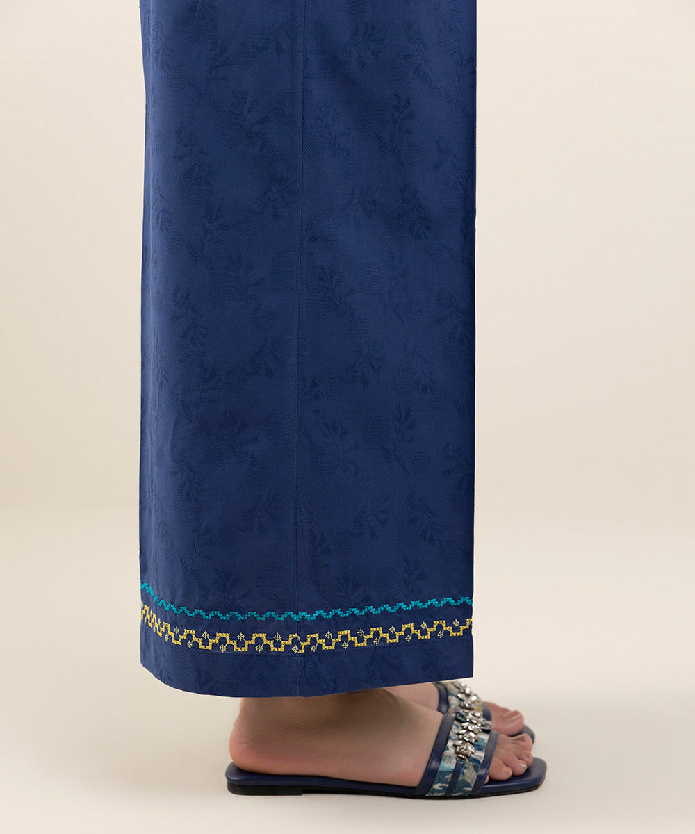 Women's Pret Cotton Jacquard Blue Solid Embroidered Culottes