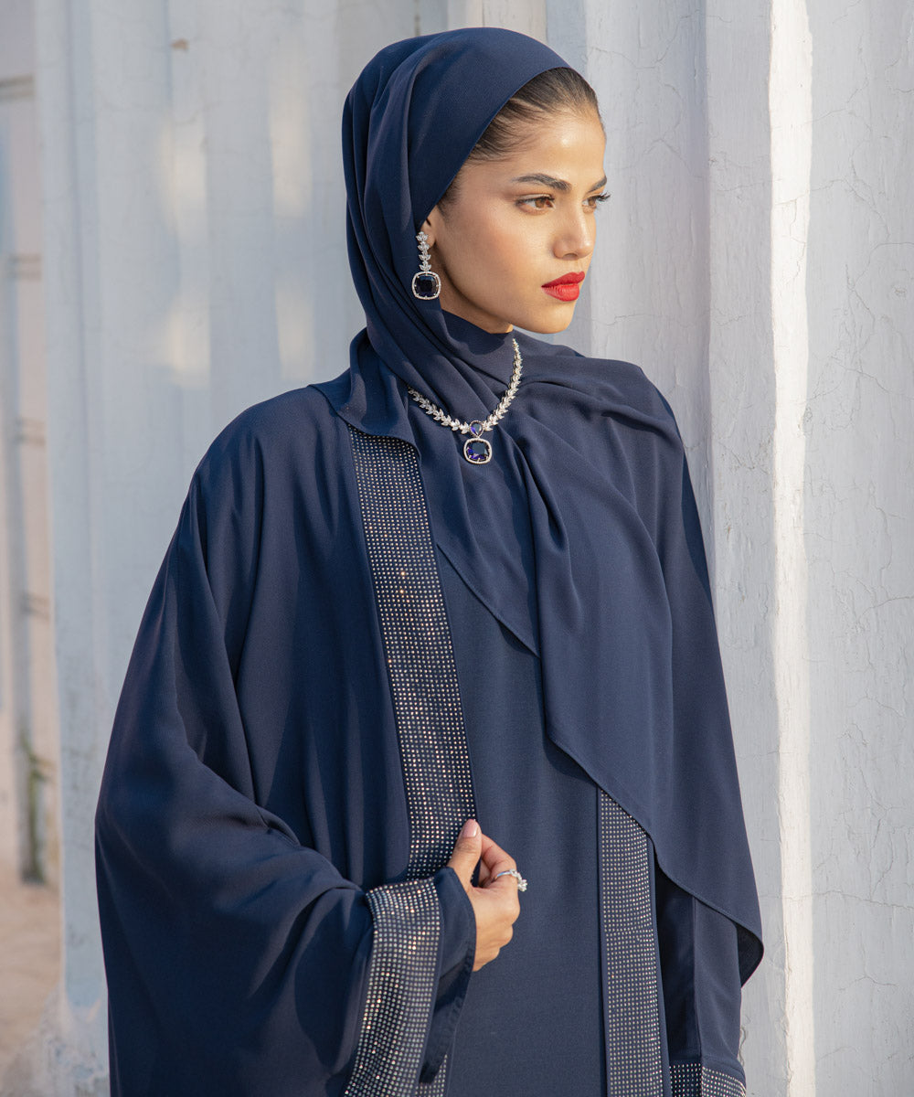 Women's Navy Blue China Chiffon Front Open Abaya Set