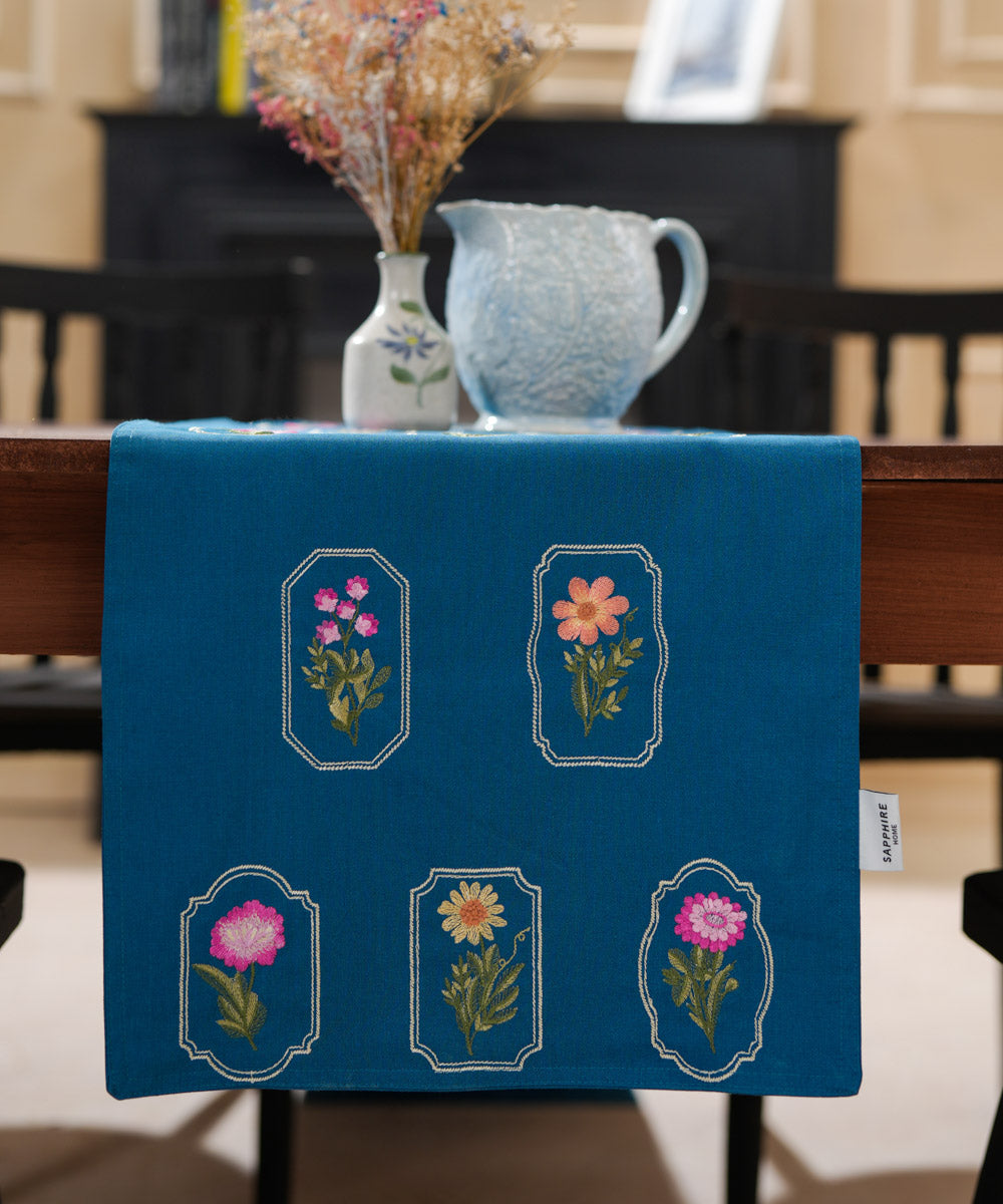 Half Panama Embroidered Blue Table Runner