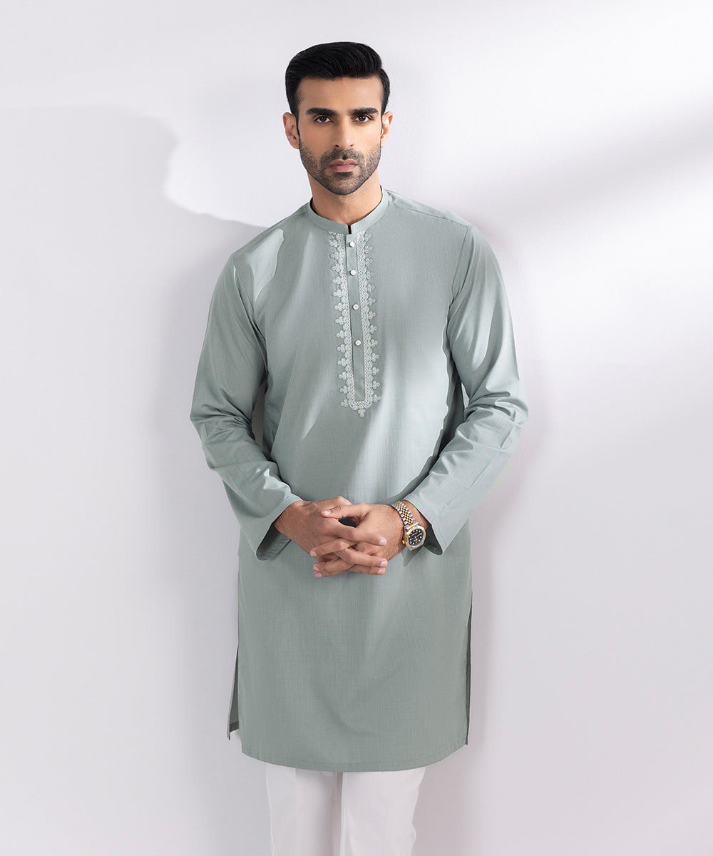 Men's Stitched Embroidered Fancy Wash & Wear Ash Grey Straight Hem Kurta