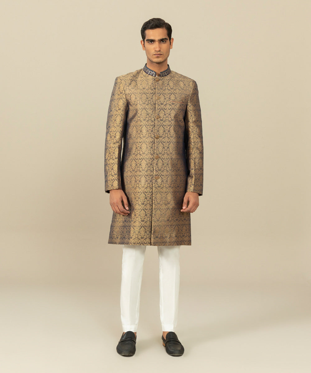 Men's Festive Stitched Jamawar Embroidered Golden Straight Hem Sherwani