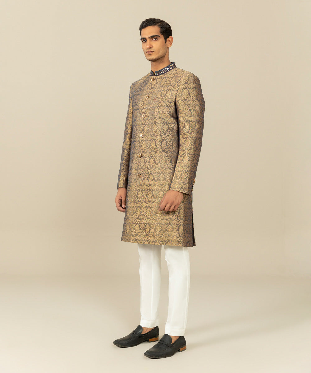 Men's Festive Stitched Jamawar Embroidered Golden Straight Hem Sherwani