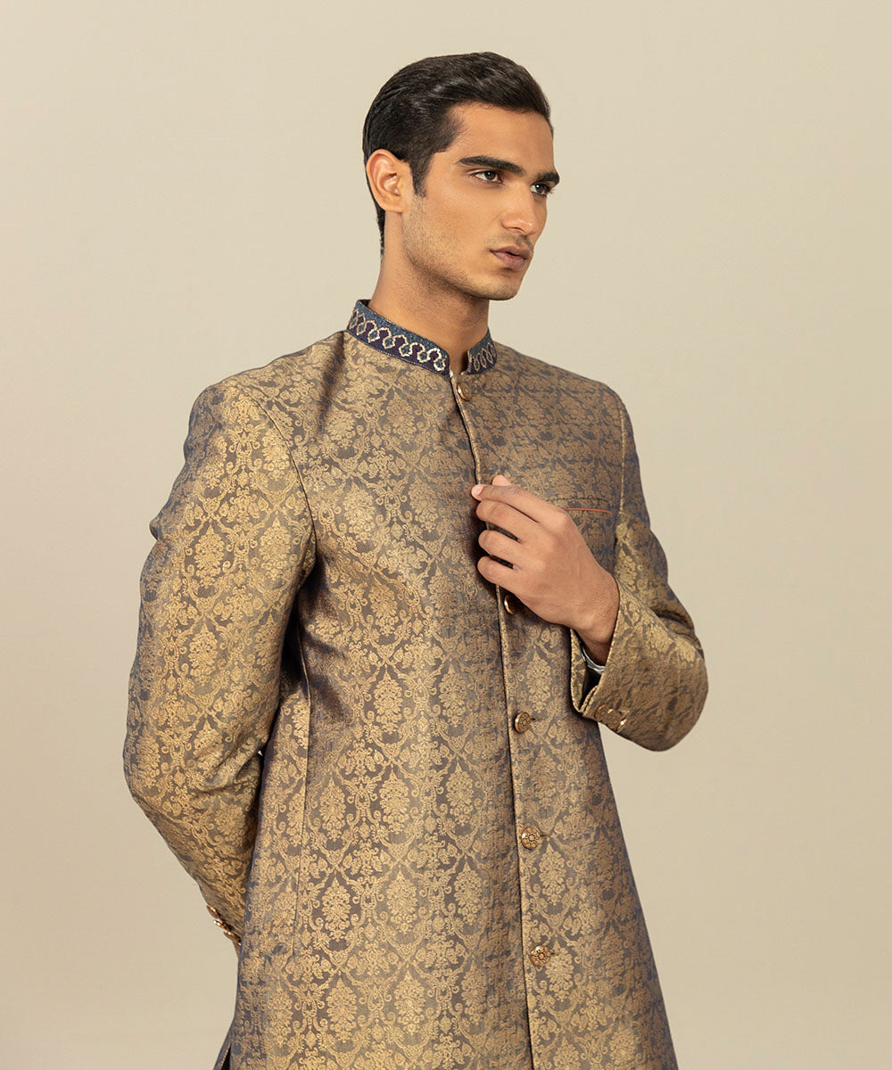 Men's Festive Stitched Jamawar Embroidered Golden Straight Hem Sherwani