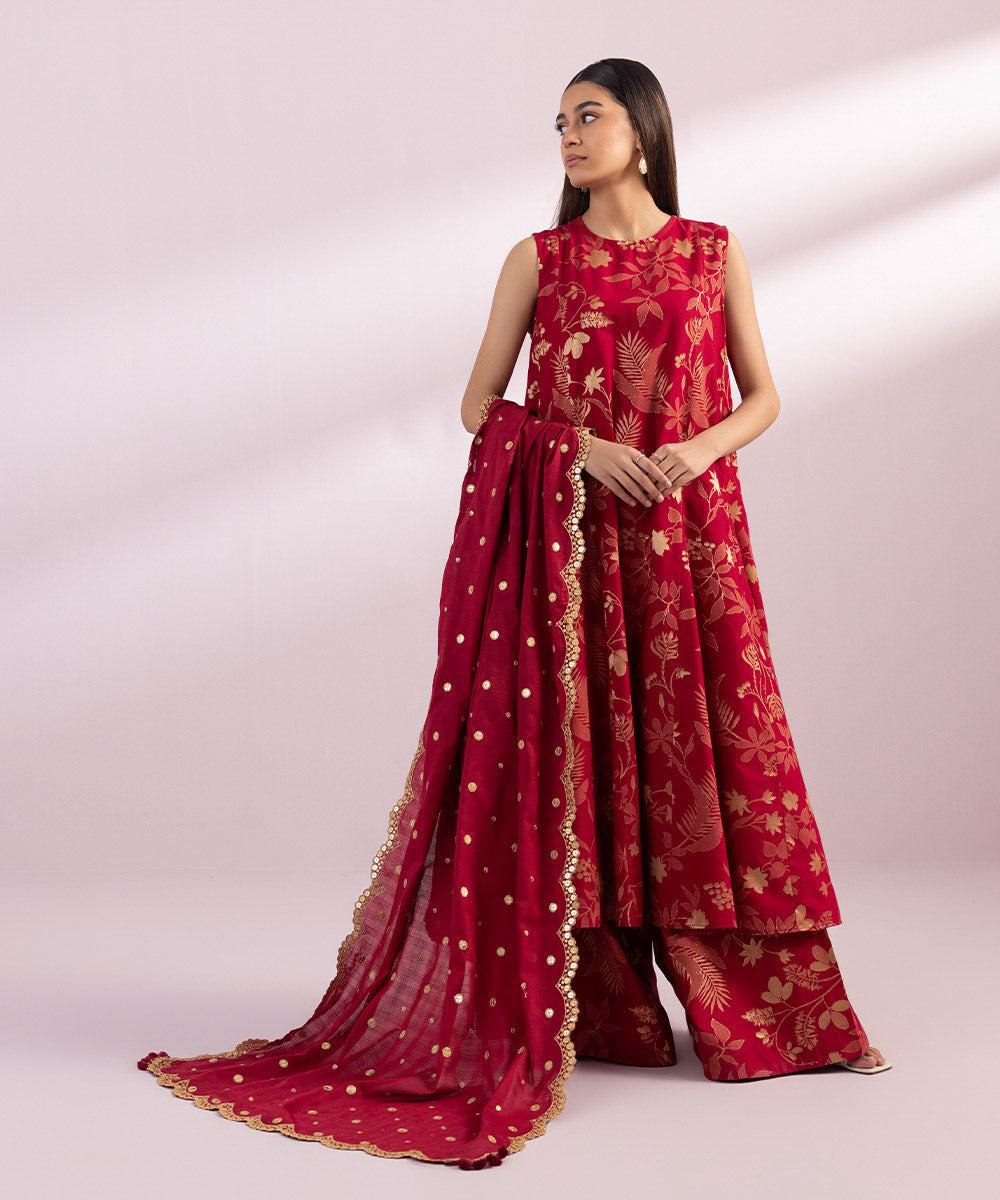 Fine Voile Red Embroidered Dupatta