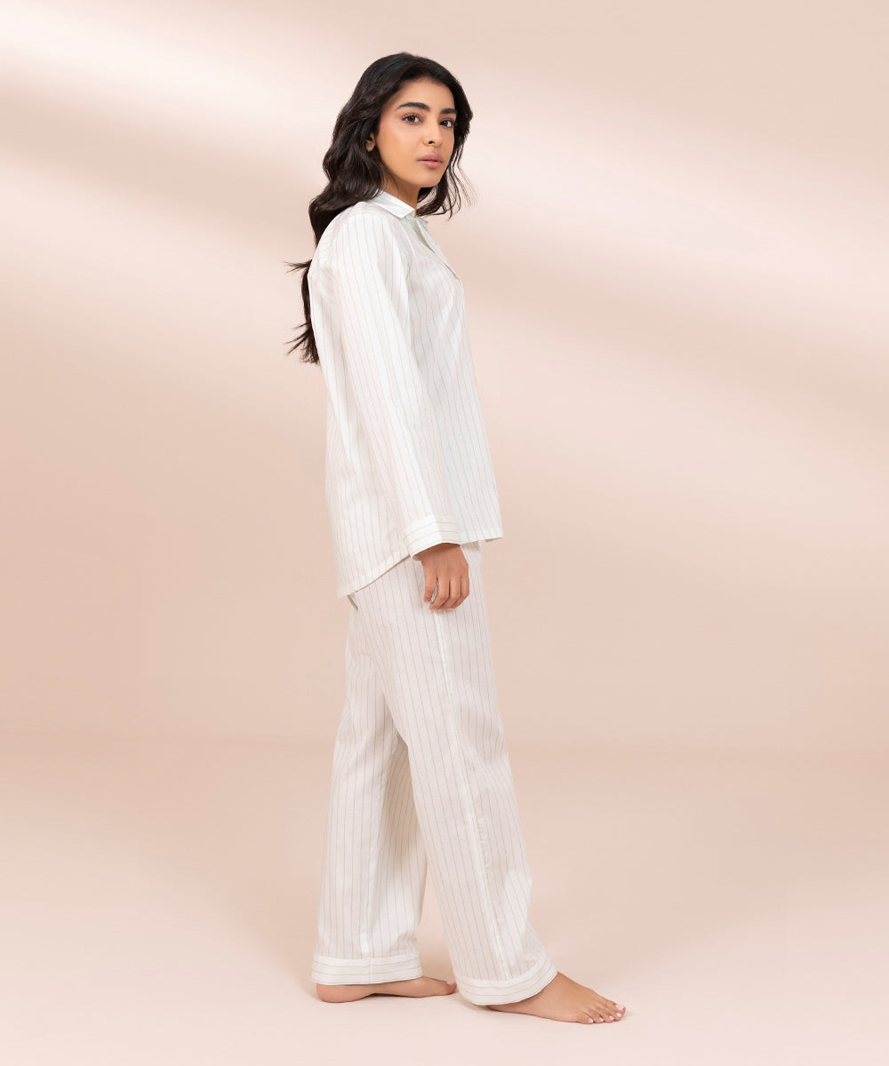 Women's Off-white Striped Cotton PJ Set