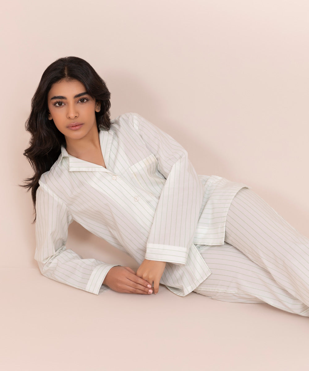 Women's Off-white Striped Cotton PJ Set