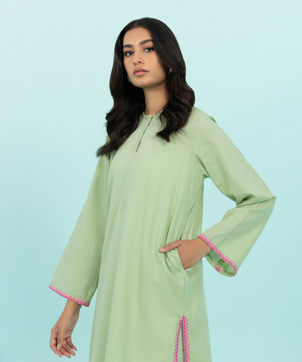 Women's Pret Khaddar Embroidered Green Straight Shirt