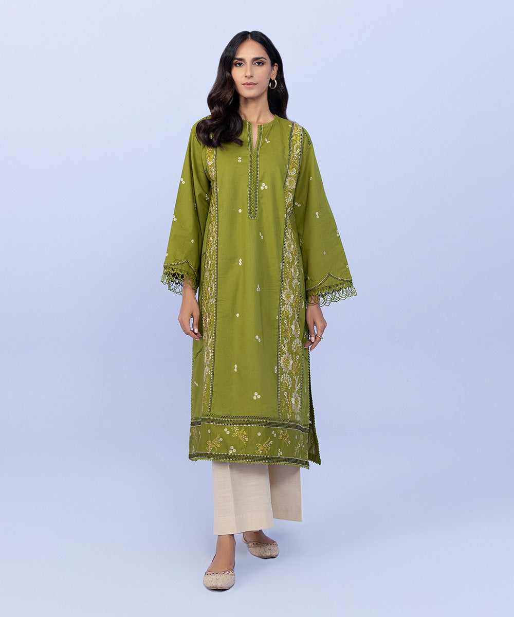 Women's Pret Textured Cotton Embroidered Green A-Line Shirt