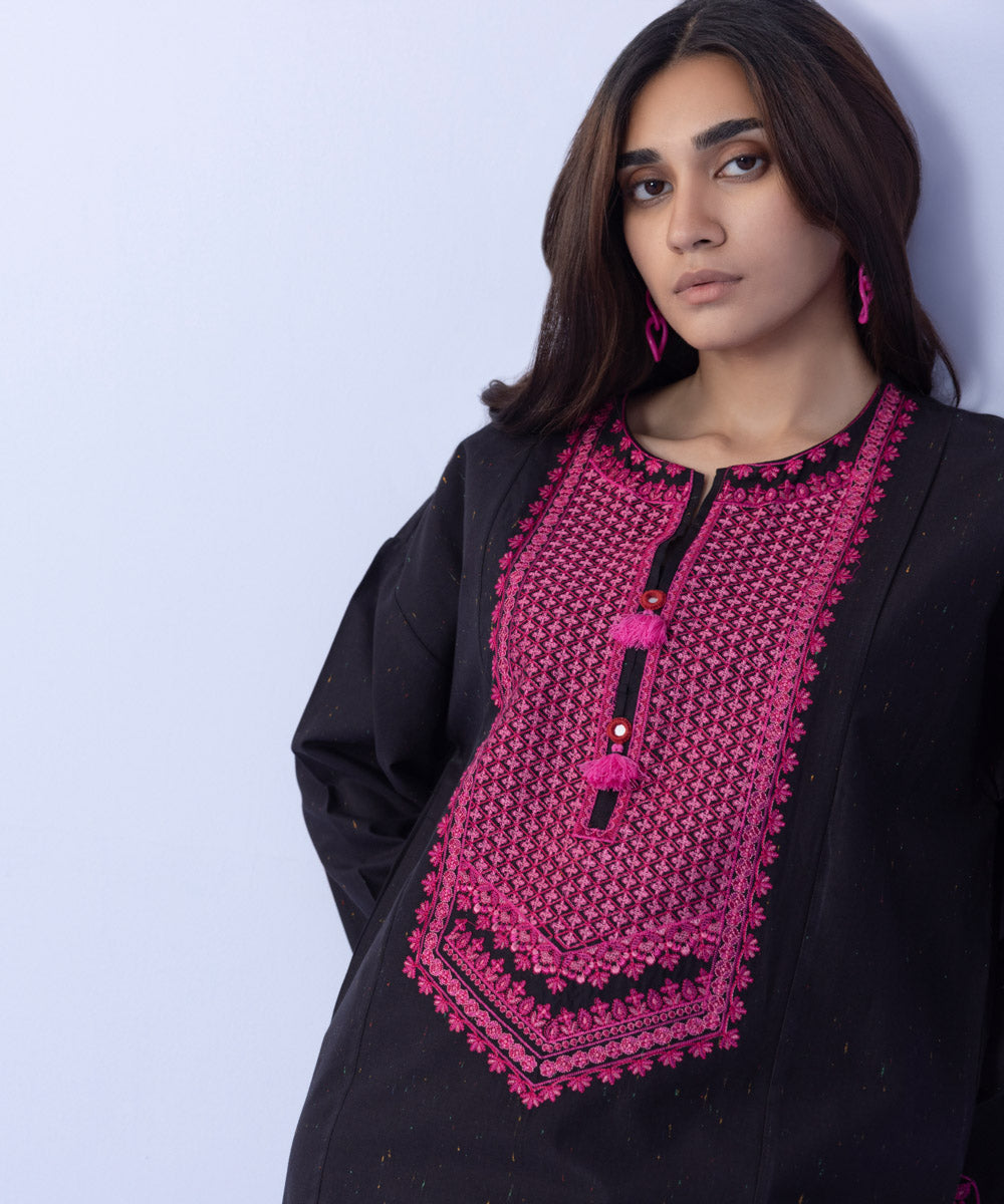 Women's Pret Textured Cotton Embroidered Black Straight Shirt