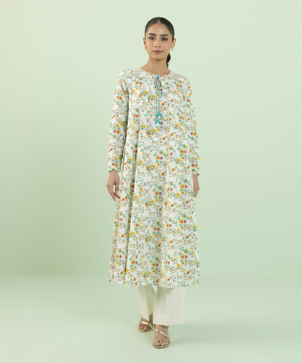 Women's Pret Khaddar Block Printed White A-Line Shirt