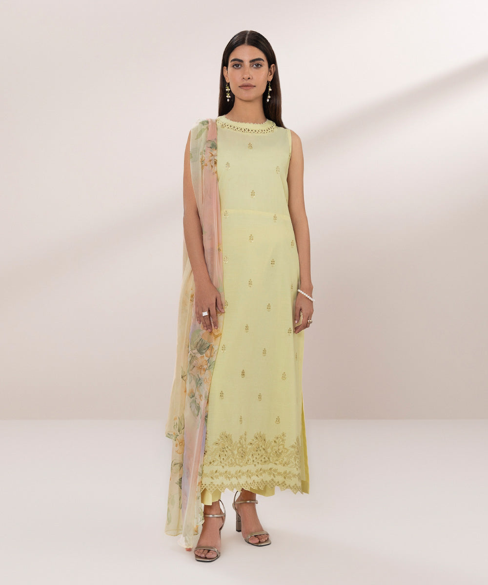 Women's Unstitched Lawn Embroidered Yellow 3 Piece Suit