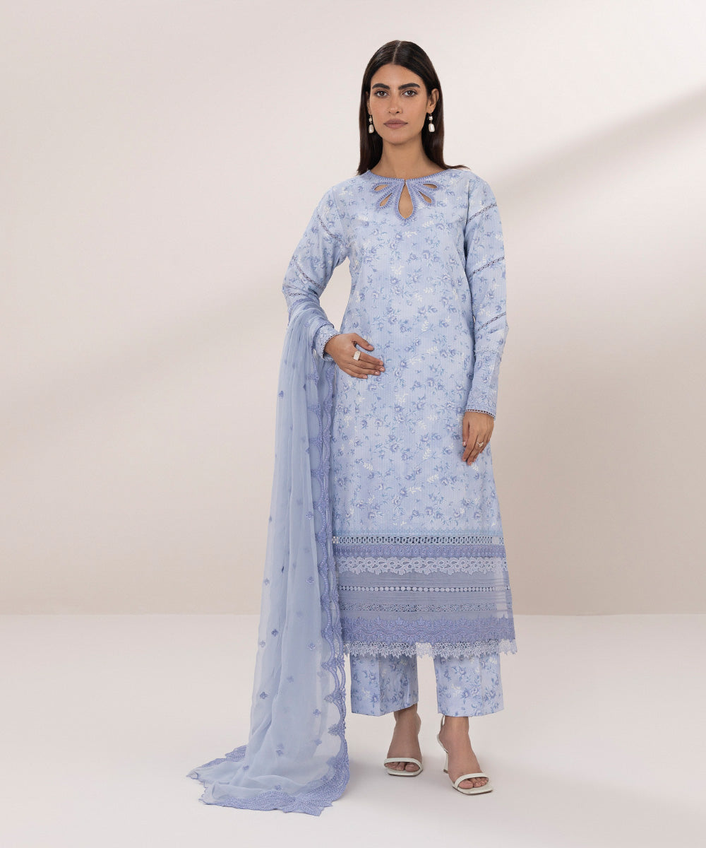 Women's Unstitched Dobby Embroidered Blue 3 Piece Suit