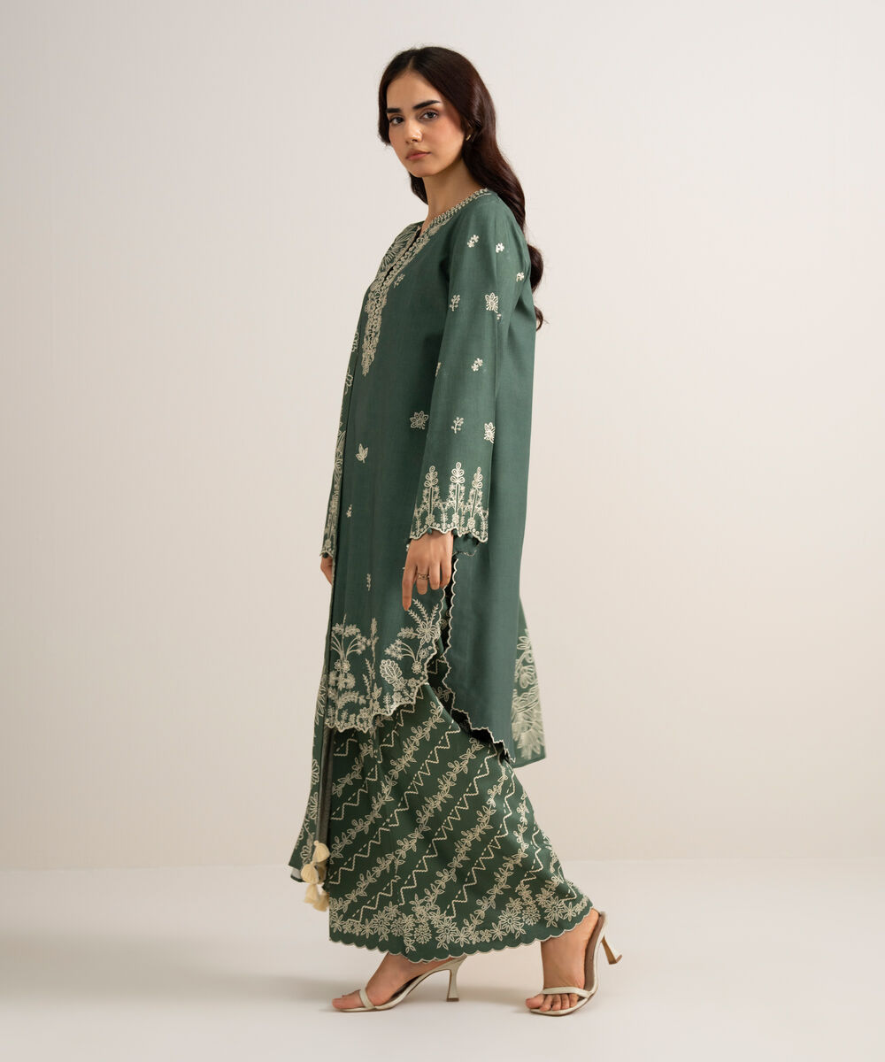 Women's Unstitched Embroidered Linen Green 3 Piece Suit