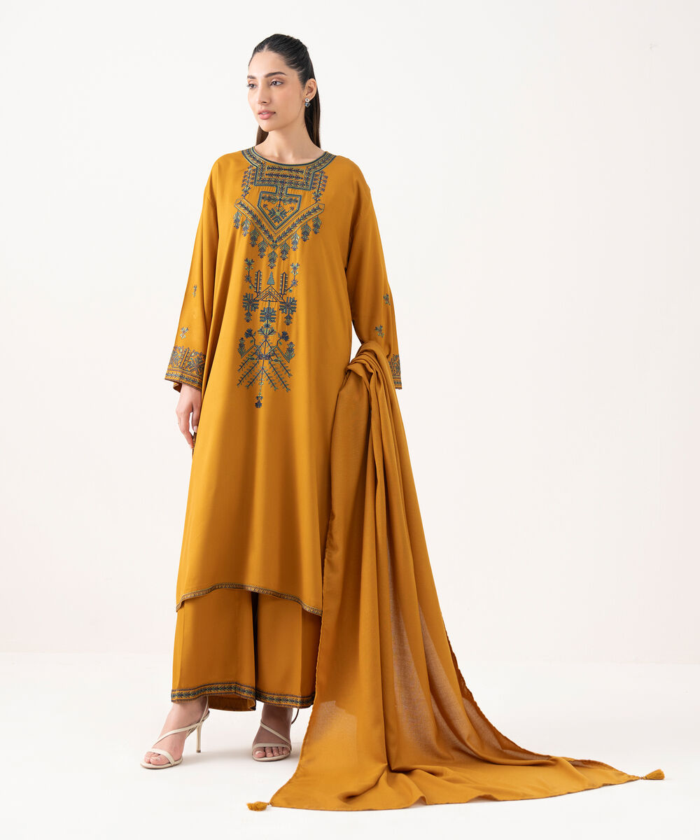 Women's RTW Bedford  Embroidered Mustard Drop Shoulder Shirt