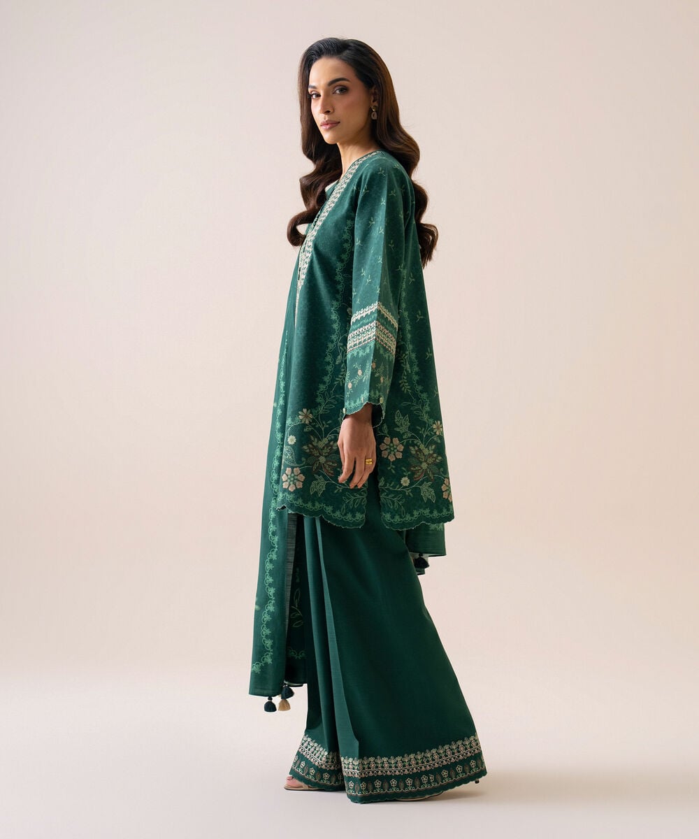 Women's Unstitched Light Khaddar Embroidered Green 3 Piece Suit