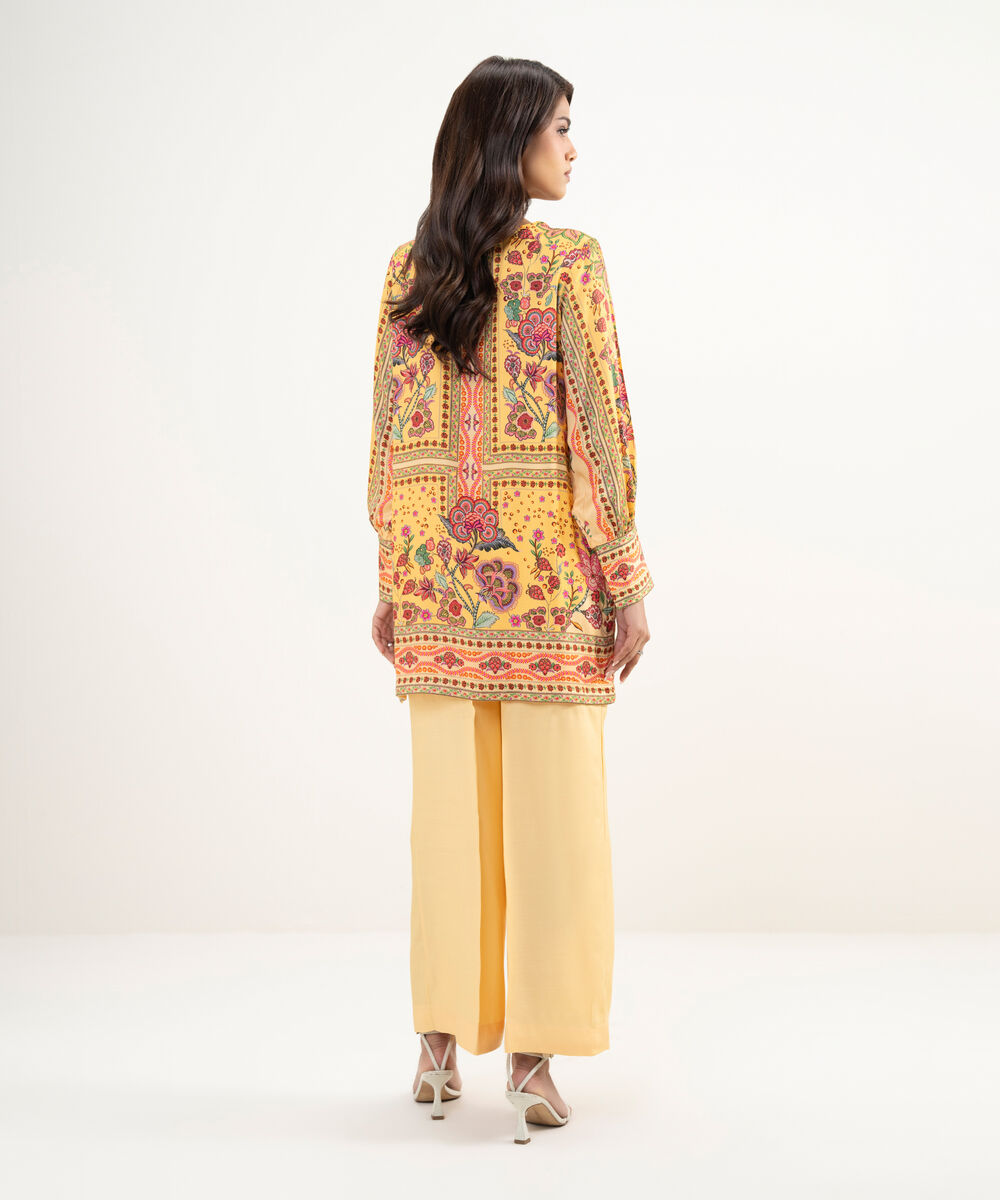 Women's RTW Premium Visocose Satin Printed Yellow 2 Piece Suit