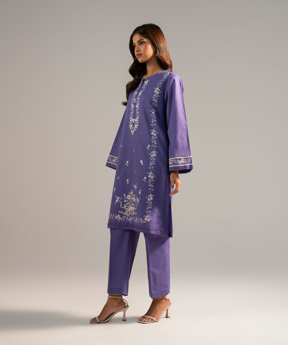 Women's RTW Crosshatch Embroidered Purple Straight Shirt