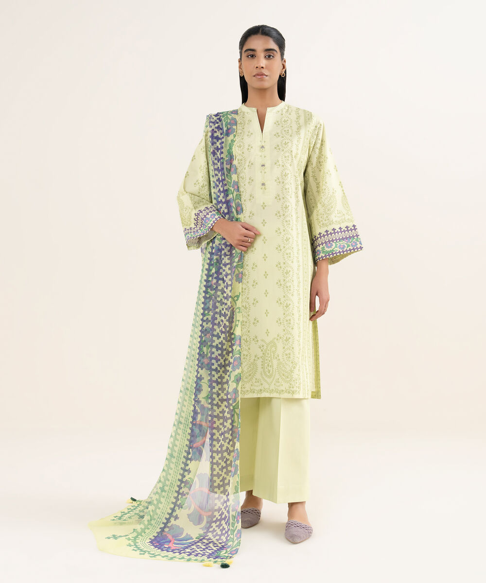 Women's Unstitched Lawn Printed Yellow 3 Piece Suit