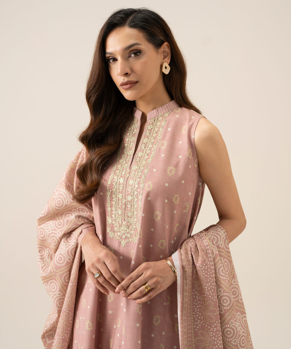 Women's Unstitched Light Khaddar Printed Light Tea Pink 3 Piece Suit
