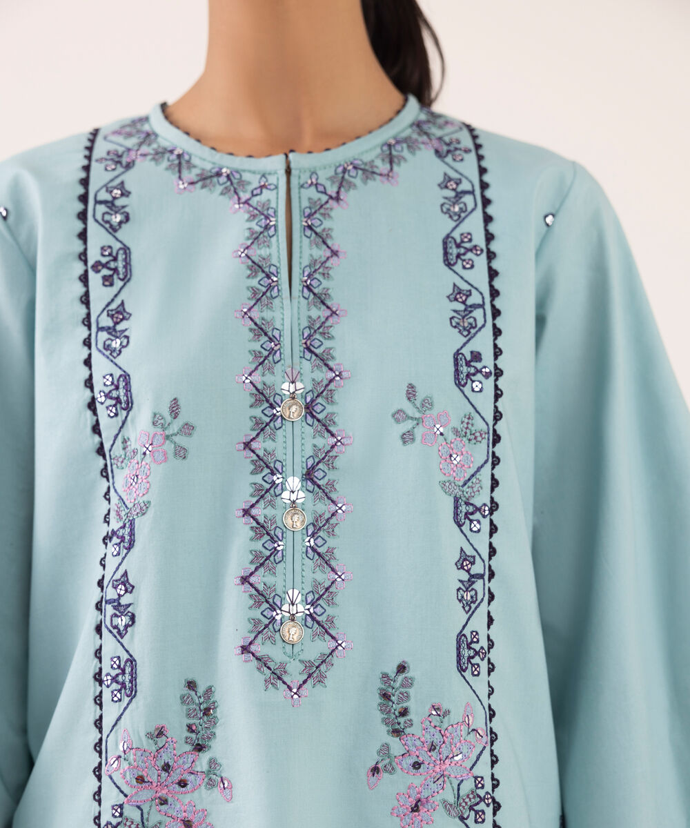 Women's Unstitched Cotton Embroidered Aqua Three Piece Suit