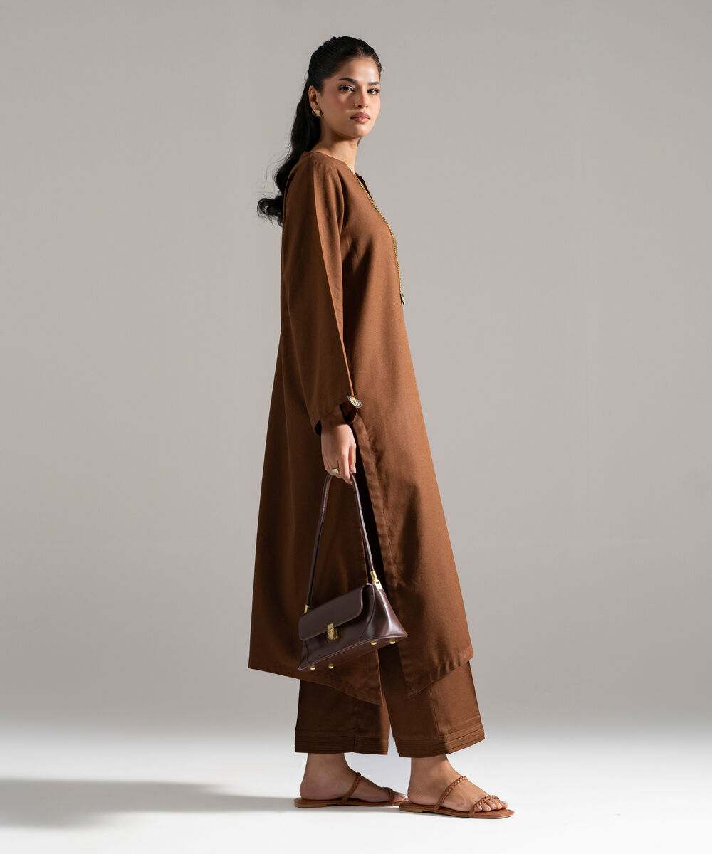 Women's RTW Cotton Linen Solid Brown 2 Piece Suit