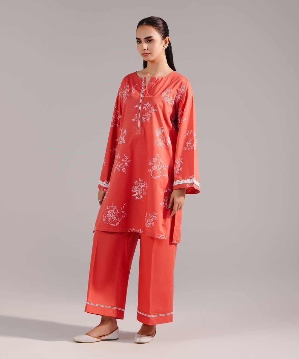 Women's RTW Lawn Printed Coral Straight Shirt