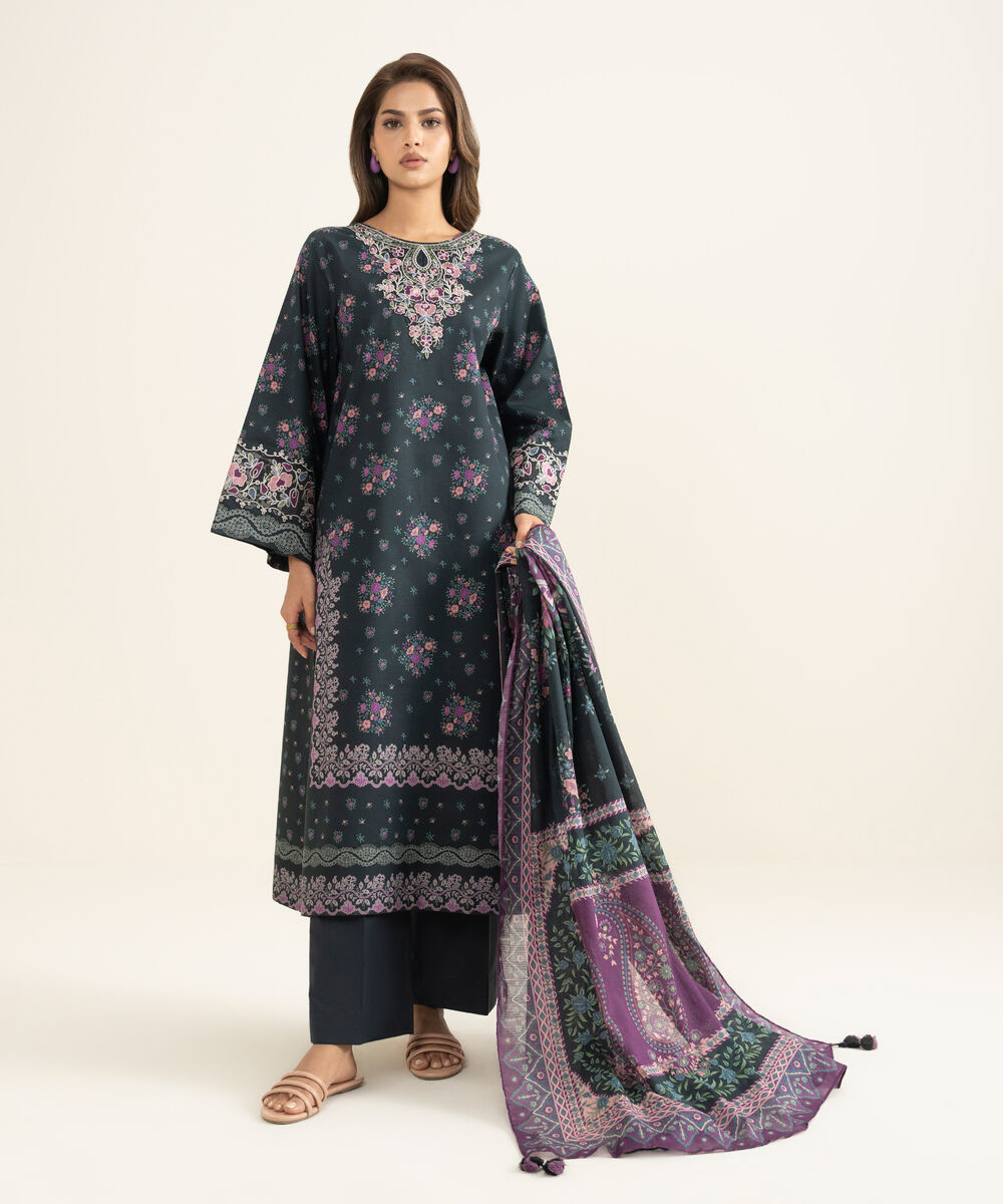 Women's Unstitched Lawn Embroidered Black 3 Piece Suit