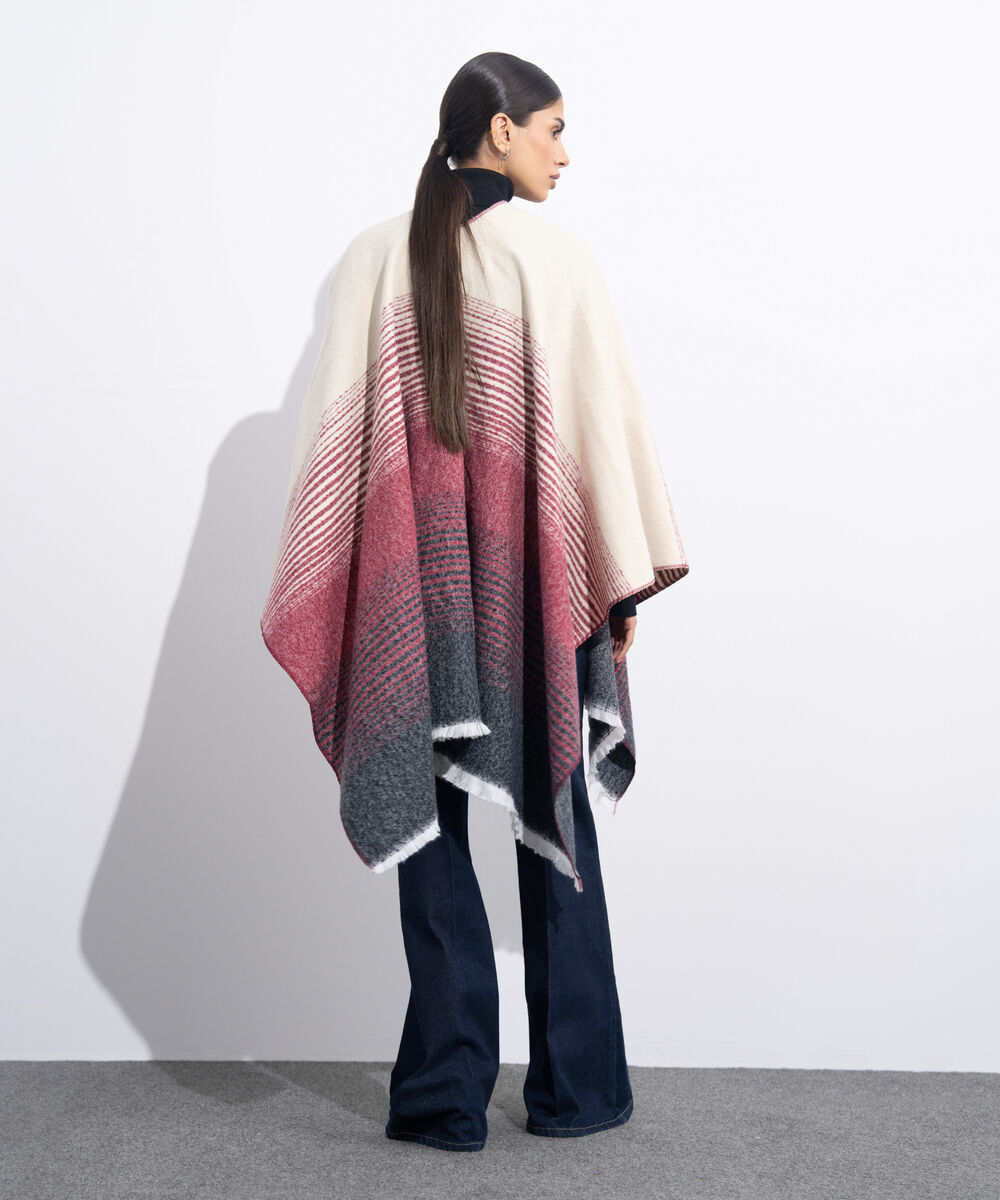 Women's Western Wear Maroon & Off White Striped Cape Shawl