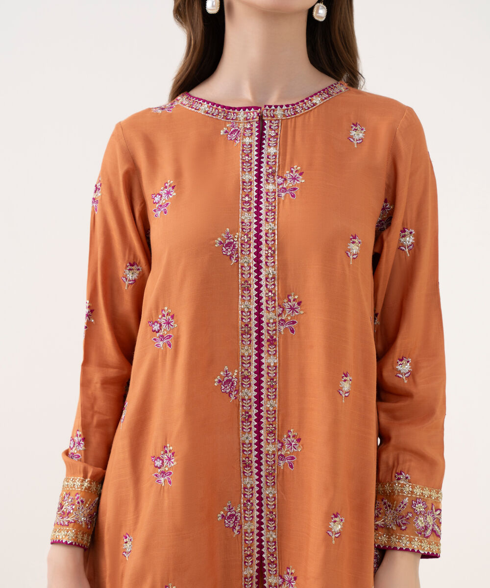 Women's RTW Viscose Raw Silk Embroidered Orange 3 Piece Suit