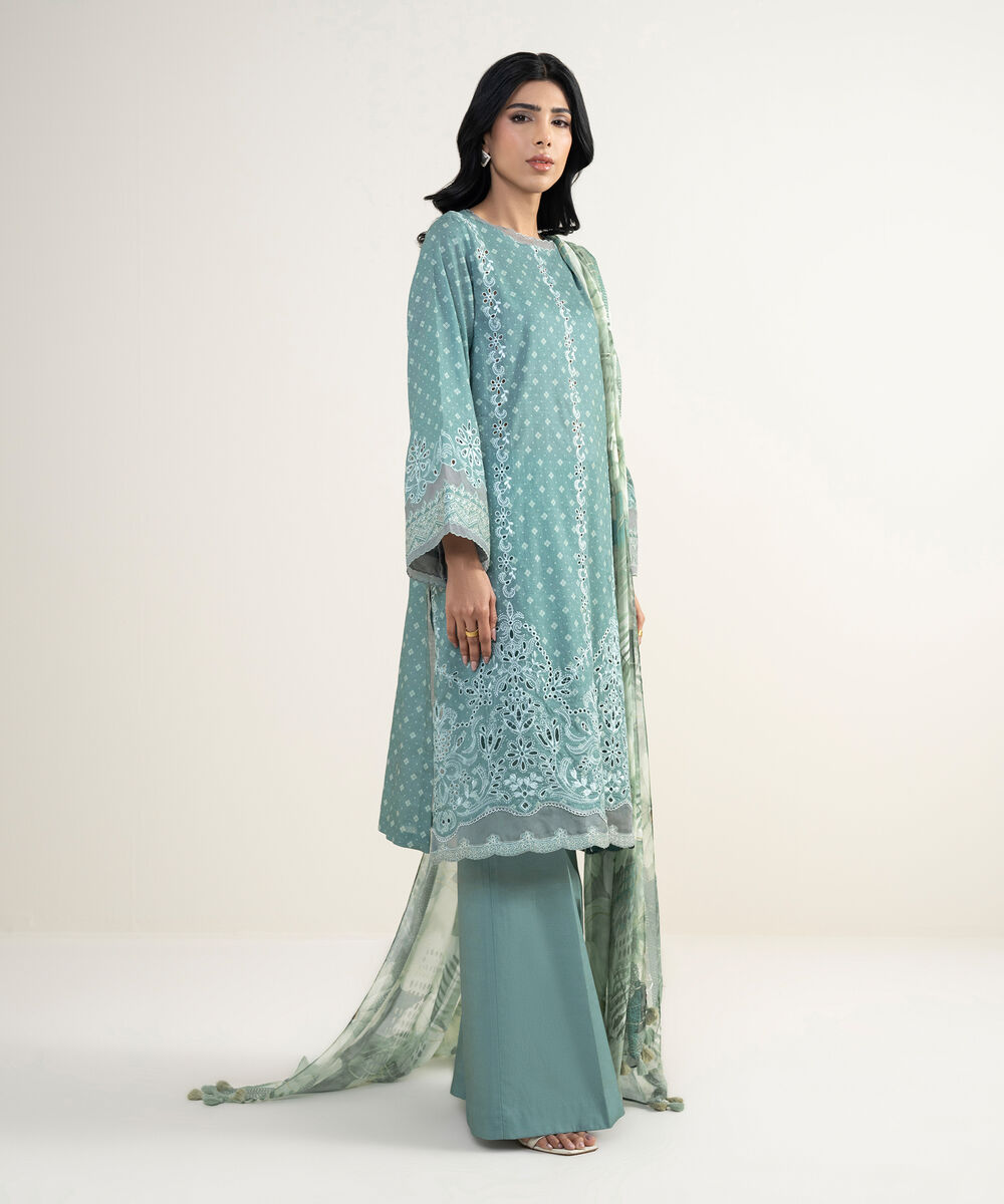 Women's Unstitched Cotton Jacquard Embroidered Green 3 Piece Suit