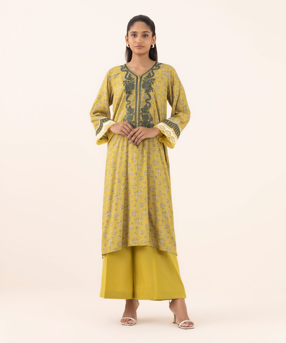 Women's RTW Arabic Lawn Yellow Embroidered A-Line Shirt