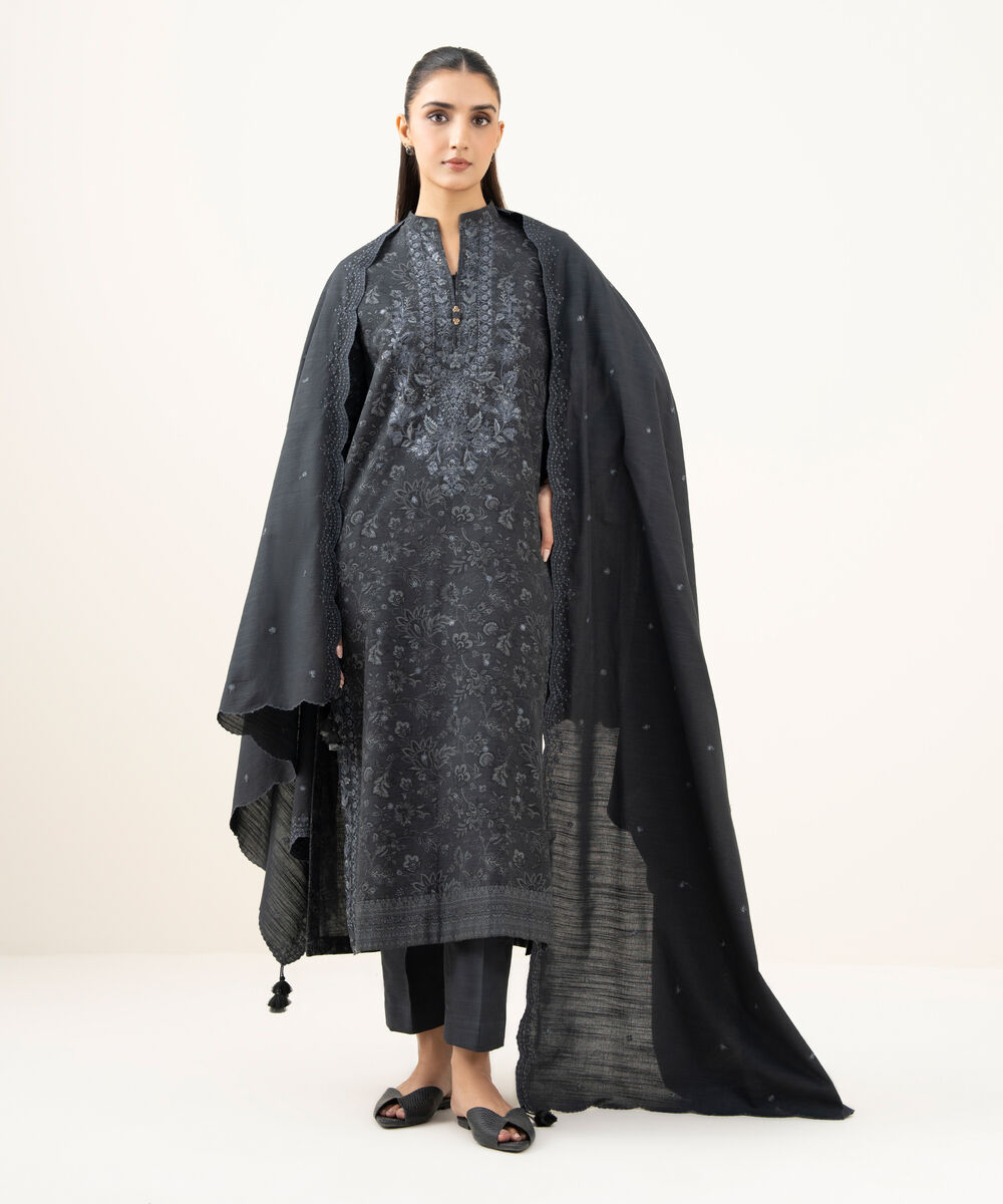 Women's Unstitched Textured Cotton Embroidered Grey 3 Piece Suit