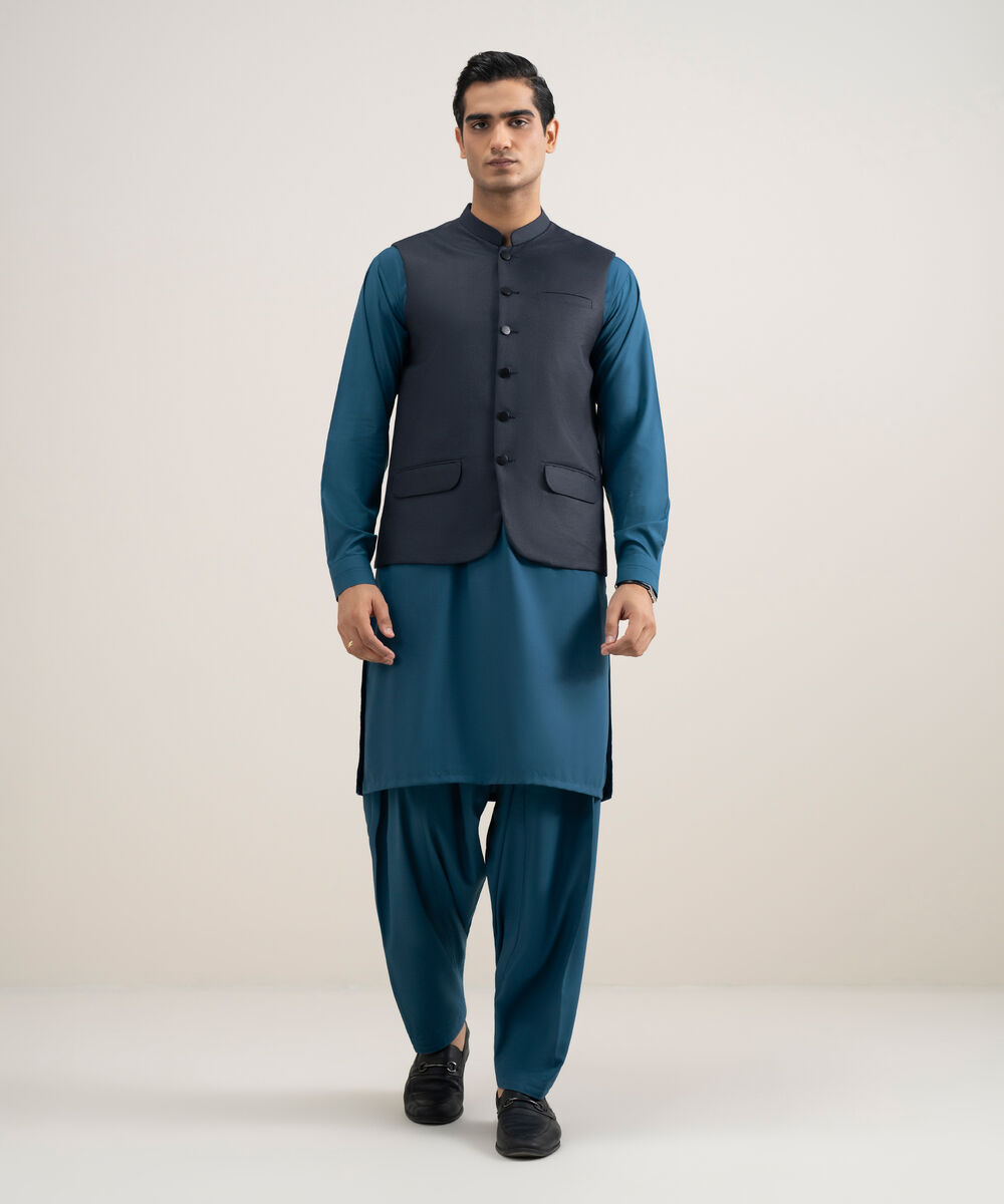 Men's Stitched Tropical Suiting Blue Waistcoat