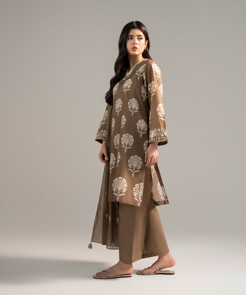 Women's RTW Lawn Printed Dark Beige 3 Piece Suit