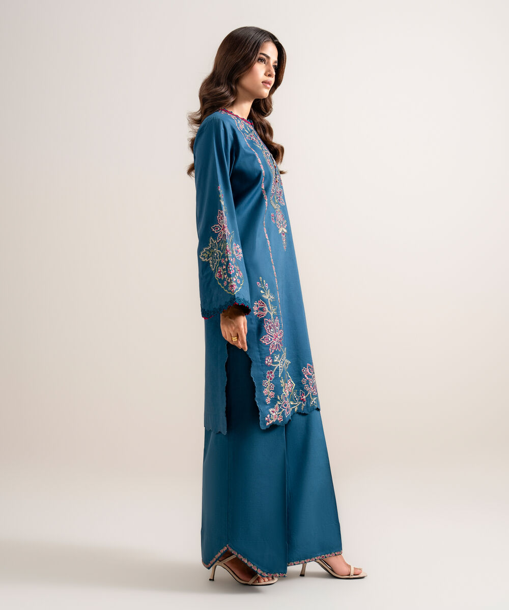Women's Unstitched Embroidered Cotton Viscose Teal Blue 3 Piece Suit