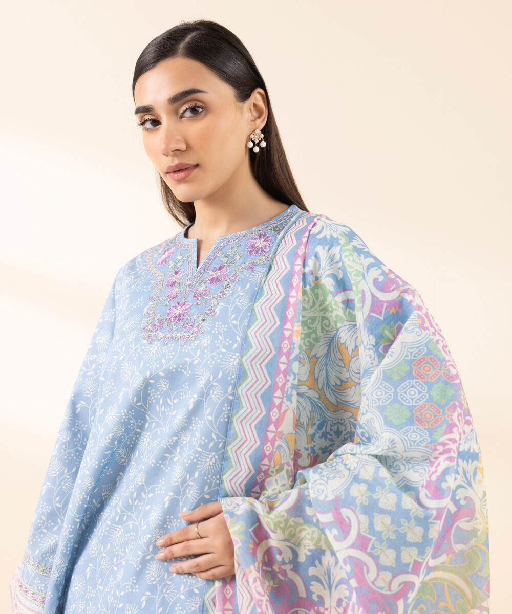 Women's Unstitched Lawn Embroidered Blue 3 Piece Suit